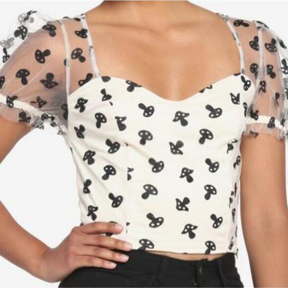 NWT Mushroom Glitter Mesh Womens Top Puff Sleeve Hot Topic Size M Sheer Groovy - Picture 1 of 8